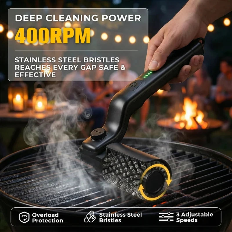 Wireless Barbecue Cleaning Brush, Motorized BBQ Scrubber with 3-Speed Settings, Electric Grill Cleaner, 180° Adjustable Head