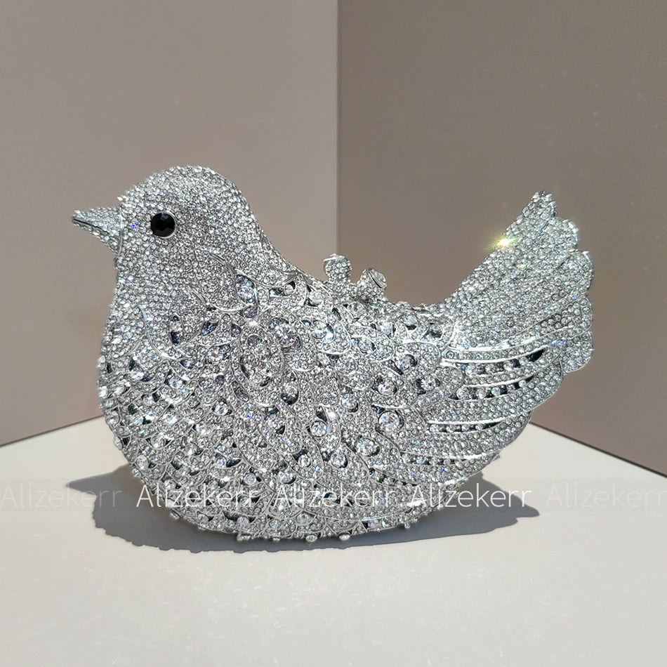 Alizekerr Pigeon Shaped Crystal Evening Bags Women Gorgeous Rhinestone Metallic Bird Clutch Purses Ladies Unique Handbags Party