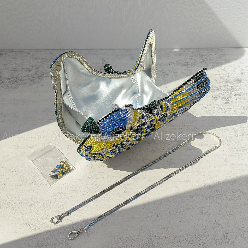 Alizekerr Pigeon Shaped Crystal Evening Bags Women Gorgeous Rhinestone Metallic Bird Clutch Purses Ladies Unique Handbags Party