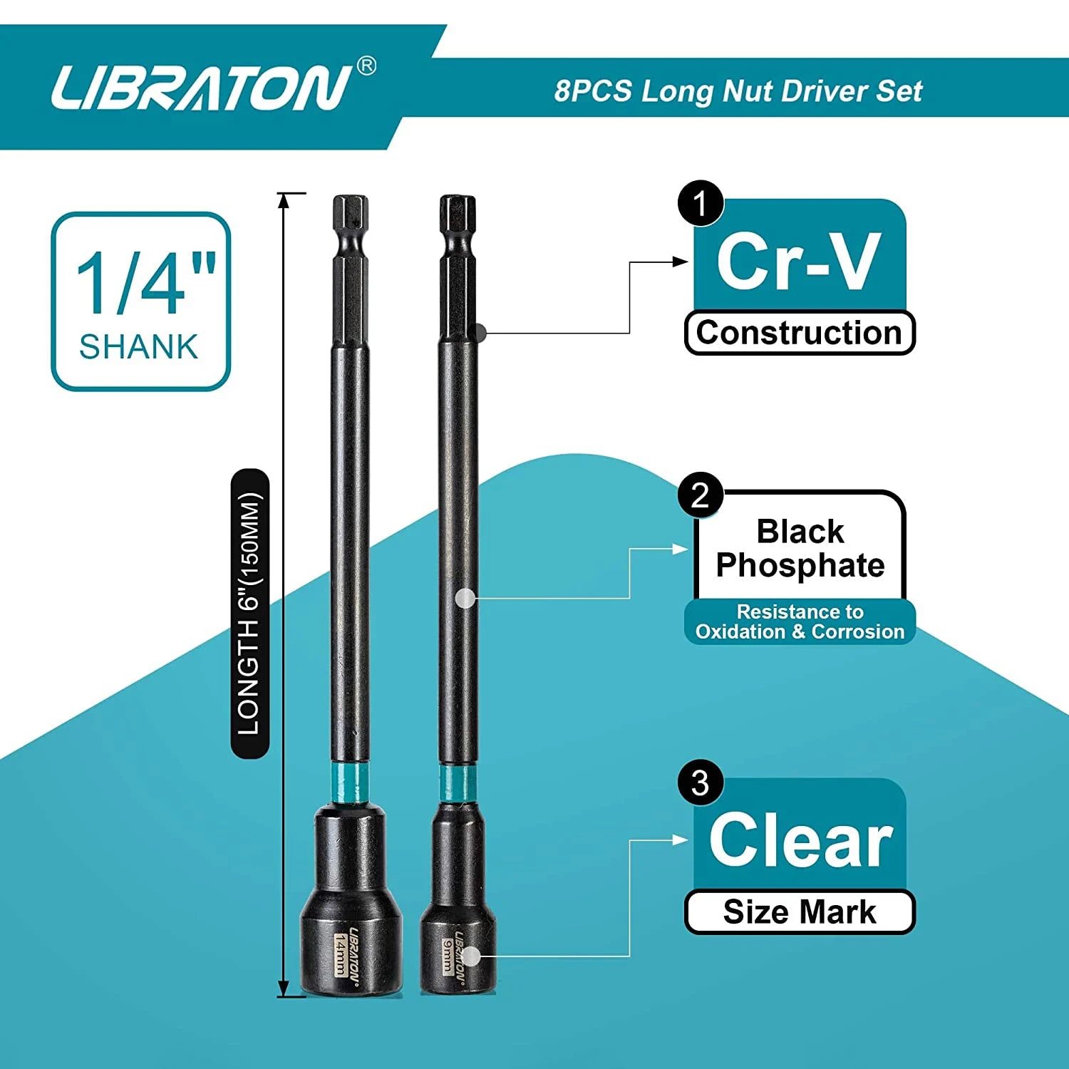 LIBRATON 8PCS Magnetic Nut Driver Set, Nut Drivers 6", Metric / SAE Nut Drivers, Shank Nut Driver Bits, 1/4"Hex Shank, Long Bits