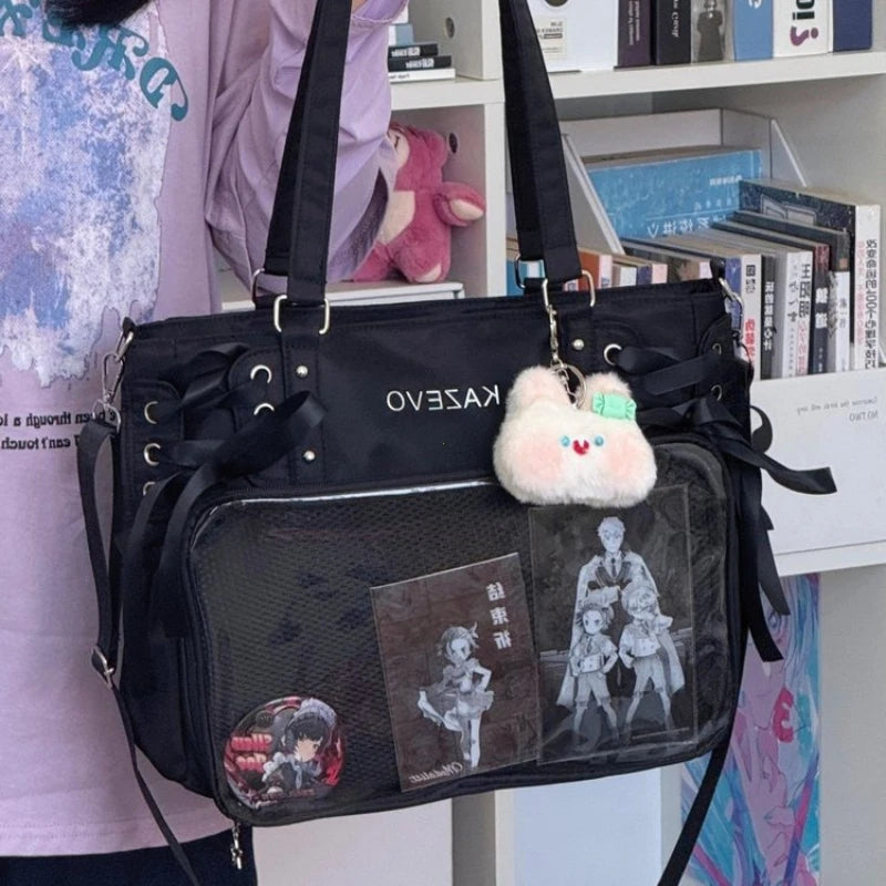 Large Capacity for Class Book Carrying Mailman Bag Girls Bow JK Shoulder Ita Bag Handbag College Style Crossbody Bag with Ribbon