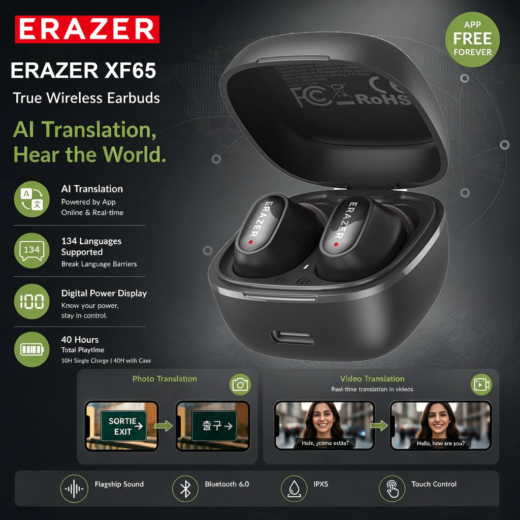 Erazer XF65 Wireless Headphones 135 Language AI translator Earbuds Soft Long Battery Low Latency Type-C Bluetooth Earphones