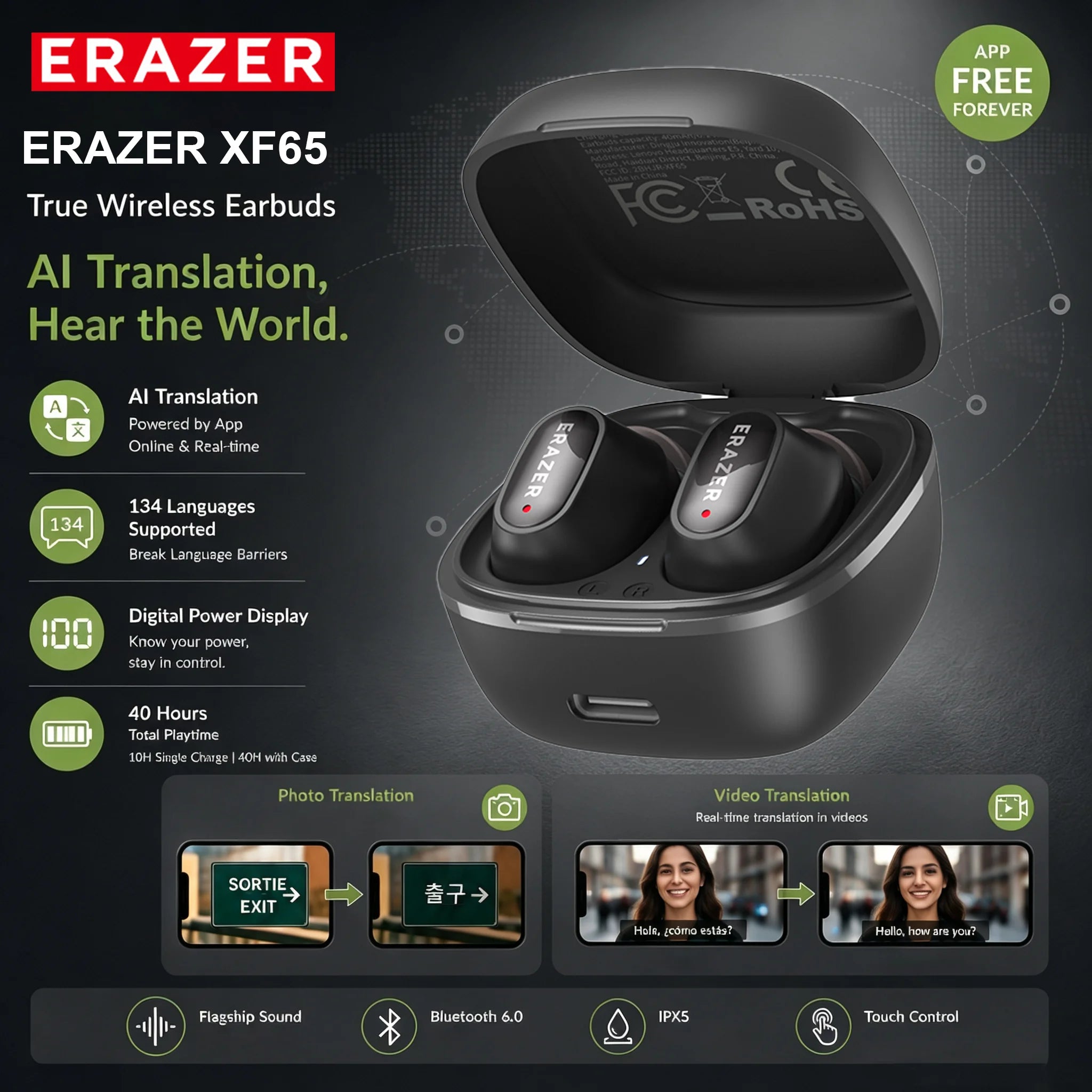 Erazer XF65 Wireless Headphones 135 Language AI translator Earbuds Soft Long Battery Low Latency Type-C Bluetooth Earphones