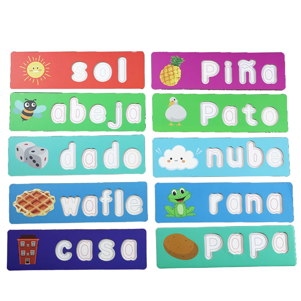 Toddler Montessori Spell Spanish Alphabet Words Game Wooden Toy Learning Jigsaw Letter Puzzles Early Educational Toys for Kids
