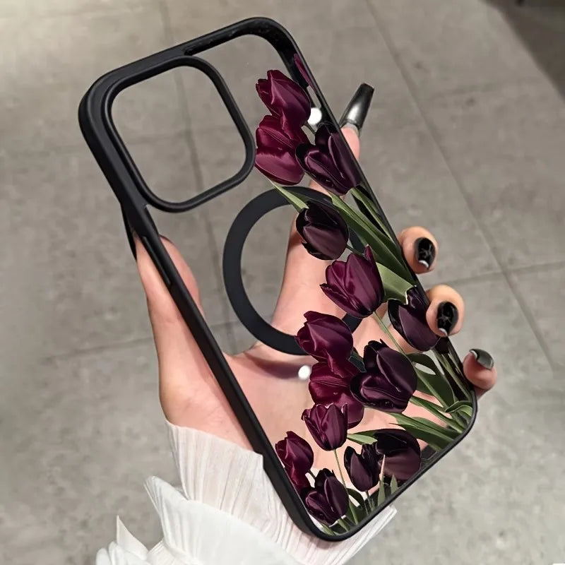 Dark Purple Tulip Magnetic Phone Case For iPhone 18 17 16 15 14 12 11 Pro XS Max XR Air X 16e 17e Clear Magsafe Cover