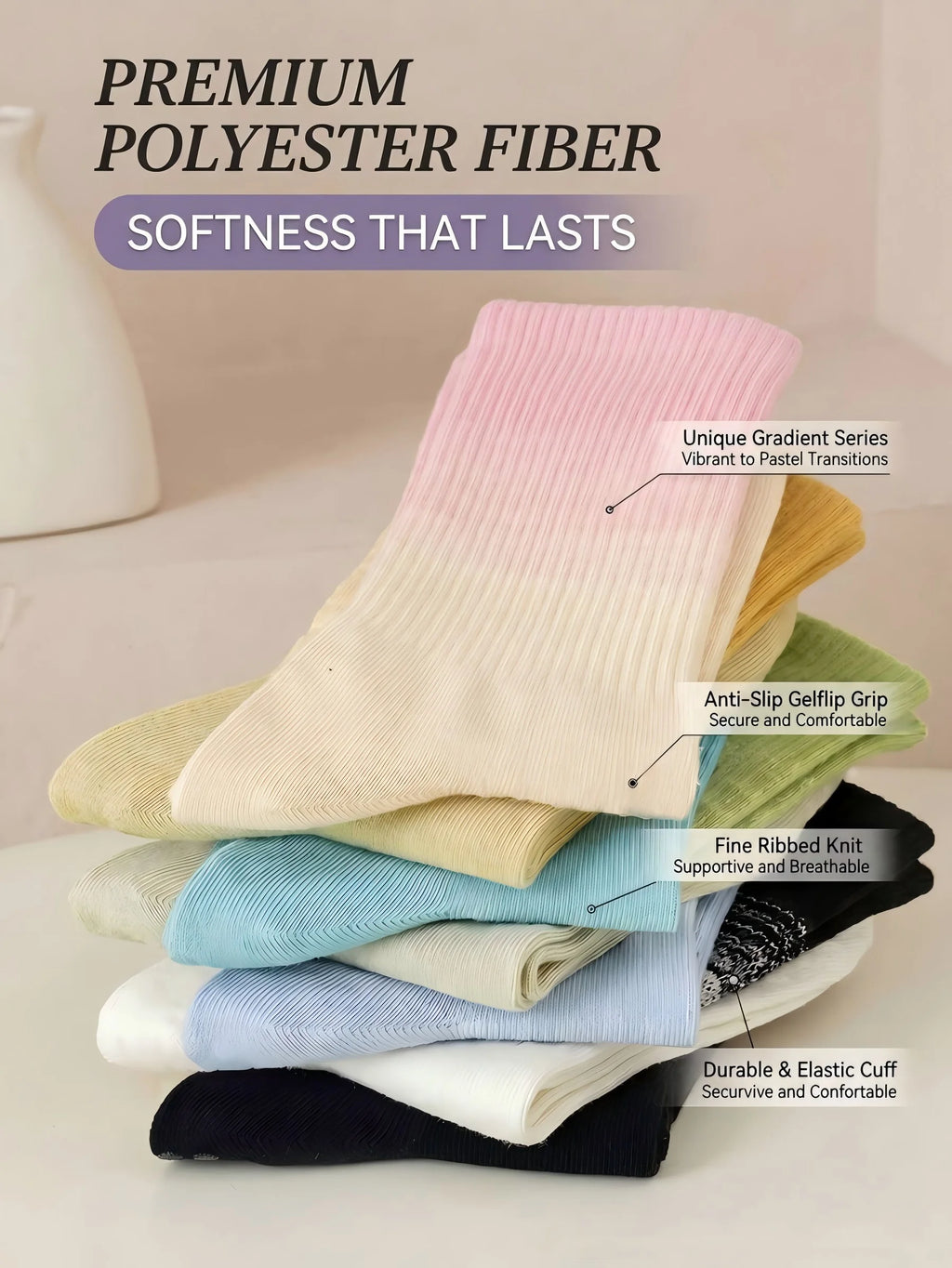 1 pair of women's gradient yoga socks, skipping rope sports socks, indoor non slip floor socks, and mid length socks