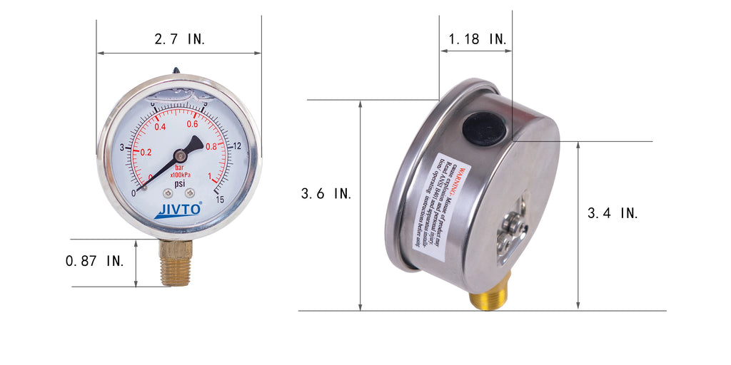 JIVTO Glycerine Filled Pressure Gauge 2.5 Inch 1/4 BSP Lower Mount 15,30,60, 100,160,200,300,400,600,3000 Psi & Bar, Shockproof