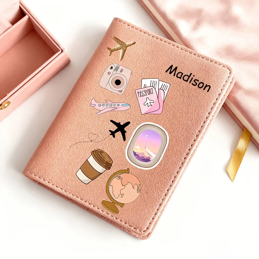 Personalized Name Text Custom PU Passport Holder, Cartoon Pattern Designed Passport Case, Faux Leather Scratch-Resistant