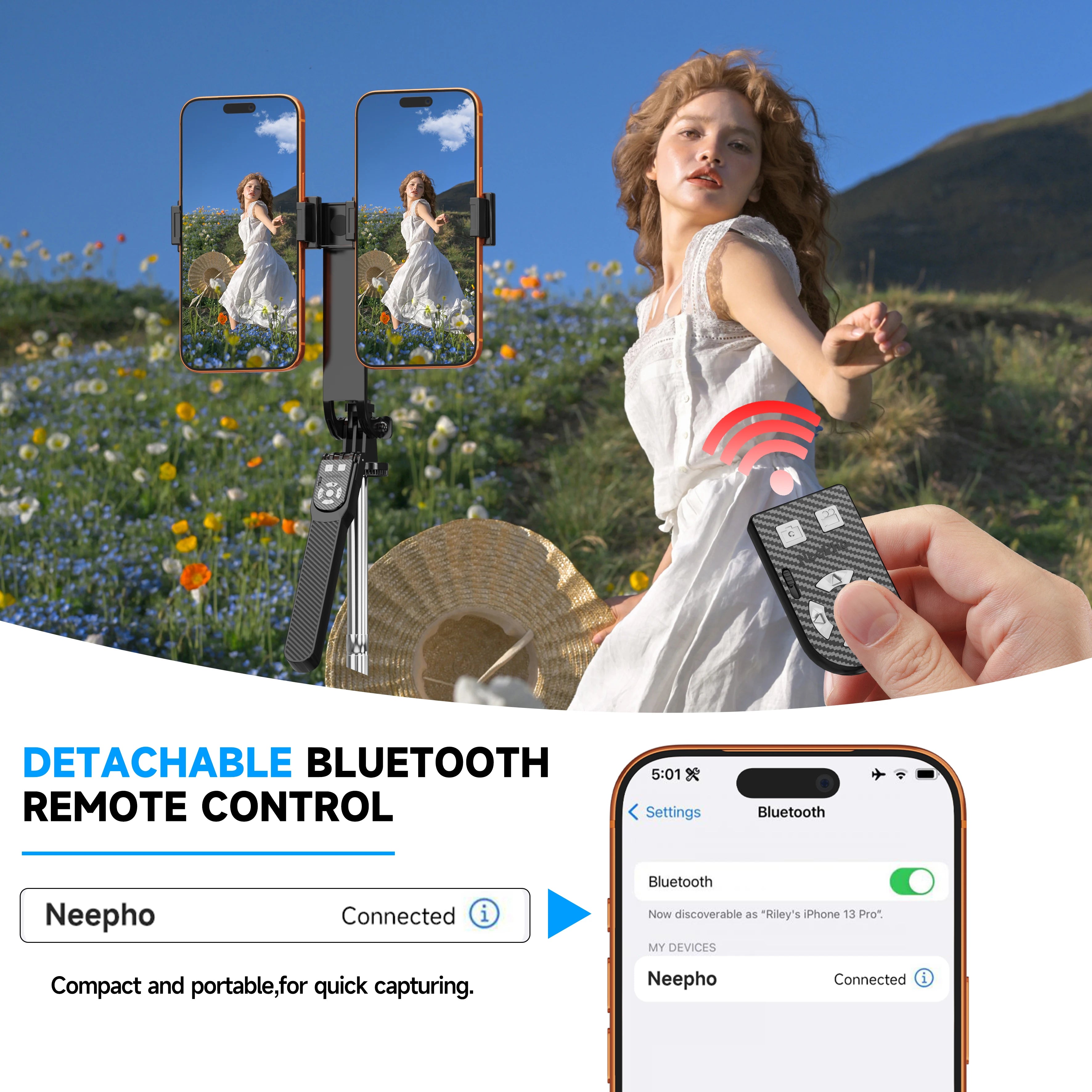 NeePho 185cm Extendable Selfie Stick Tripod NP-L9, Dual Phone Holder, Wireless Remote, Quadruped Stand, for Phone/Tablet/Gopro