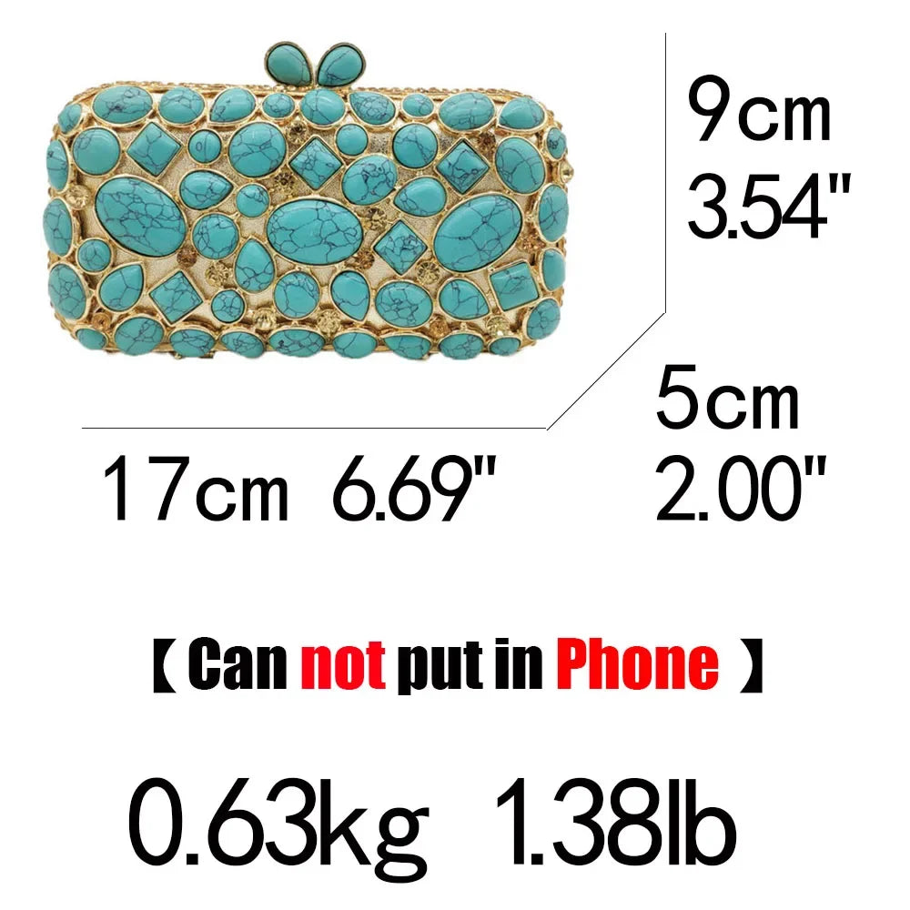 Boutique De FGG Turquoise Synthetic Agate Stone Evening Bags and Clutches for Women Formal Party Bags Party Rhinestone Handbags