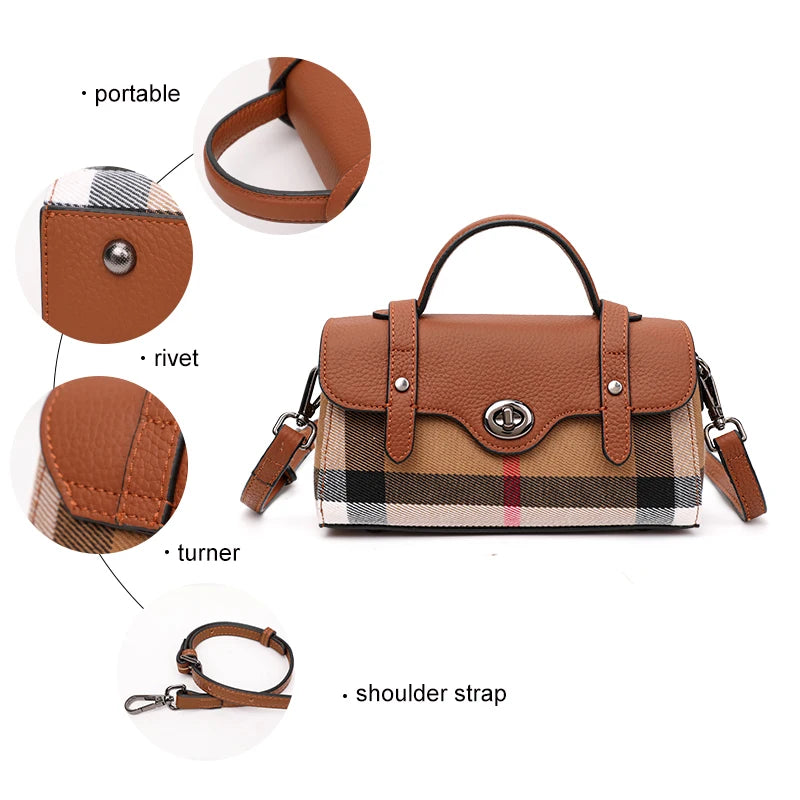 Aidrani  Classic plaid single shoulder crossbody bag, canvas patchwork cowhide mini bag
