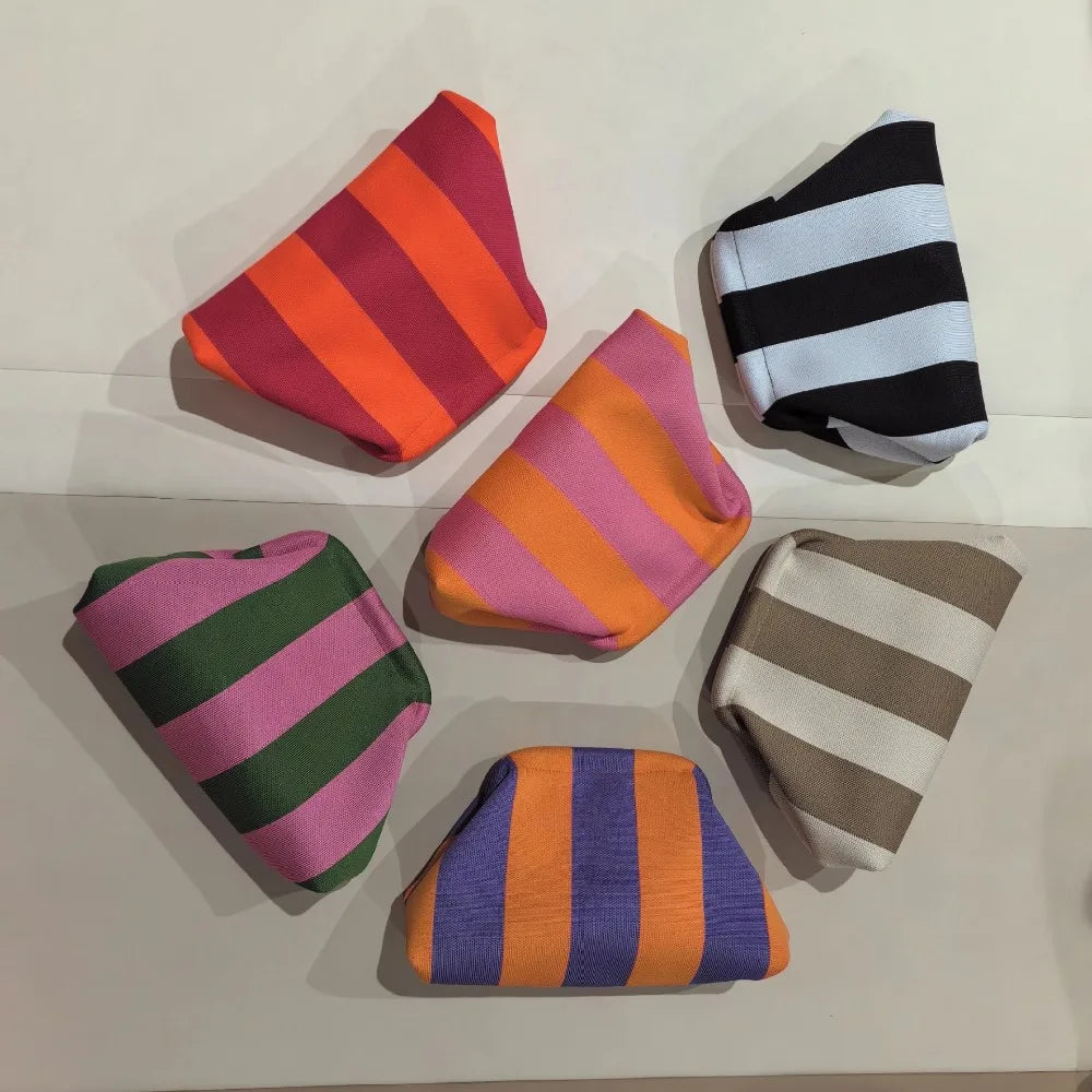 Knitted striped handbag dinner work beach large capacity daily versatile color contrast commuter clip bag women