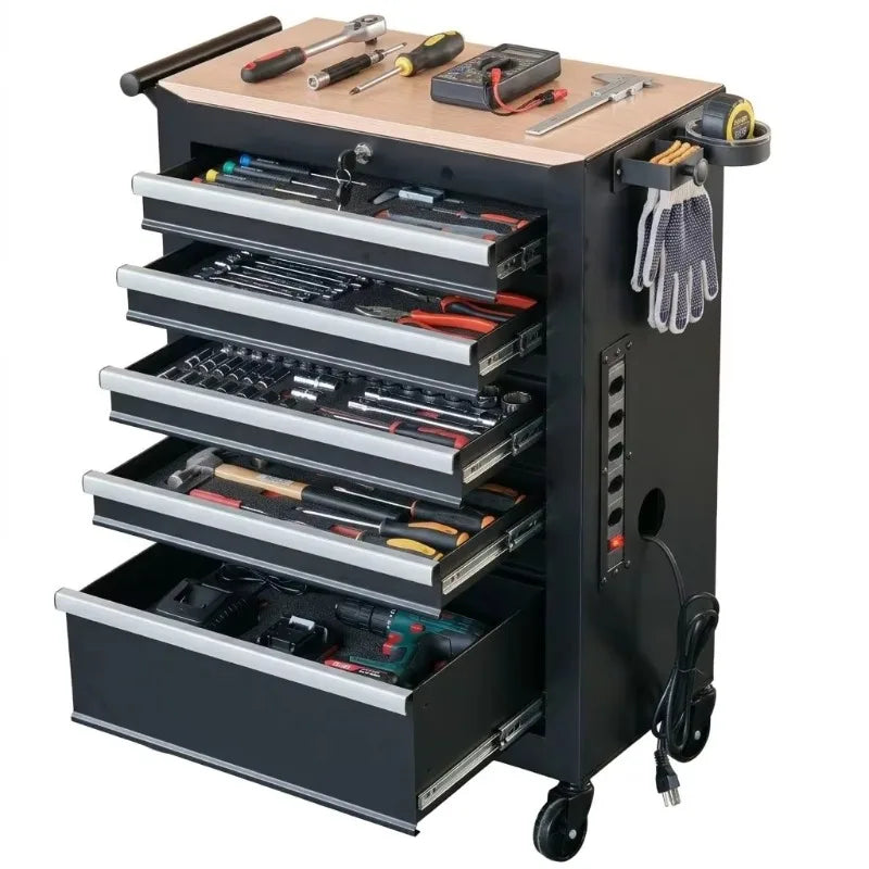 5 Drawer Metal Barber Salon Tool Cabinet Rolling Storage Cart with Socket and Hair Dryer Holder
