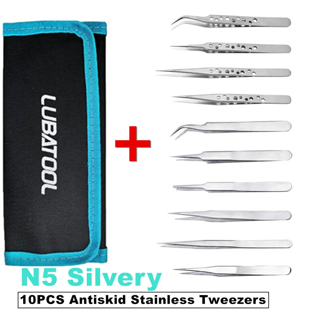 10Pcs Tweezers Set With Bag Ceramic Industrial Electronic ESD Stainless Steel Anti-Static Precision Tweezer Kits Repair Tools
