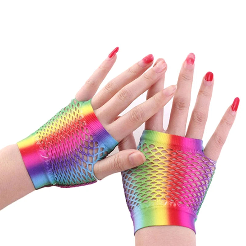 1Pair Rainbow Color Ladies Sexy Mesh Net Fishnet Gloves Women Hollow Out Holes Fingerless Gloves Mountaineering Gloves