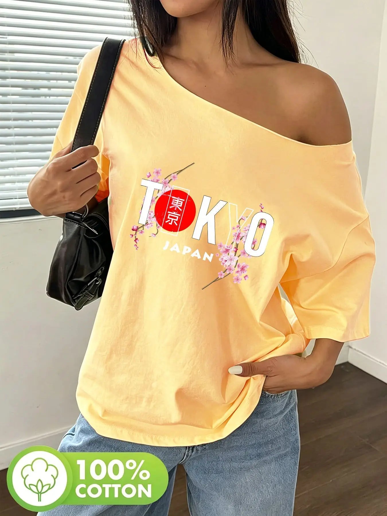 Plus Size Tokyo Japan Cherry Blossom Kanji Red Sun Graphic Print T-Shirt Loose Fit Oversized Y2K Style Women Tops Summer Off