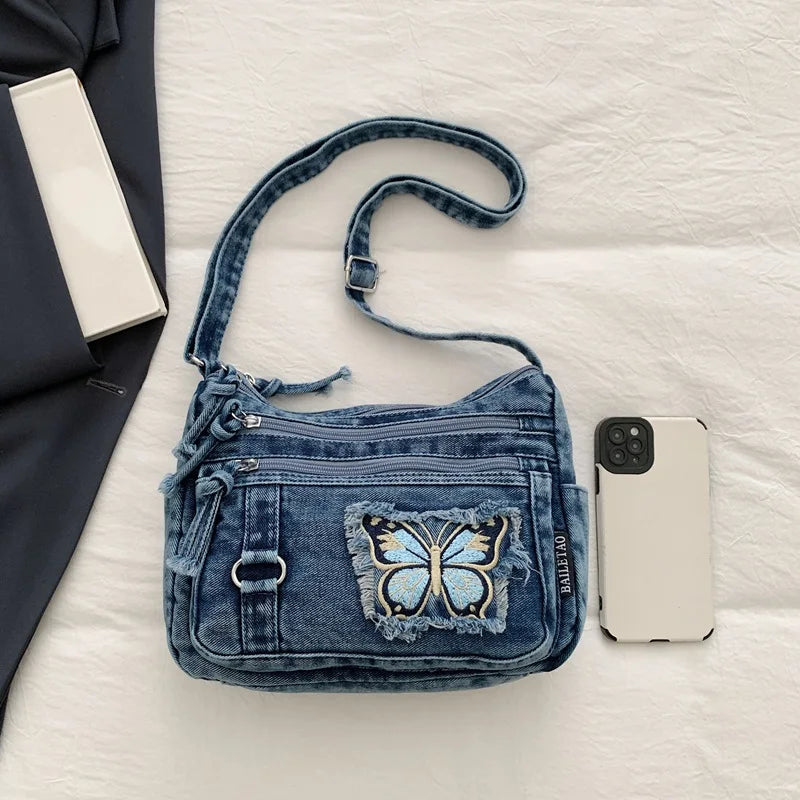 Korean Version Denim Crossbody Bag with Cute Butterfly Embroidery – Adjustable Strap, Multi-Pocket Small Sling for Women