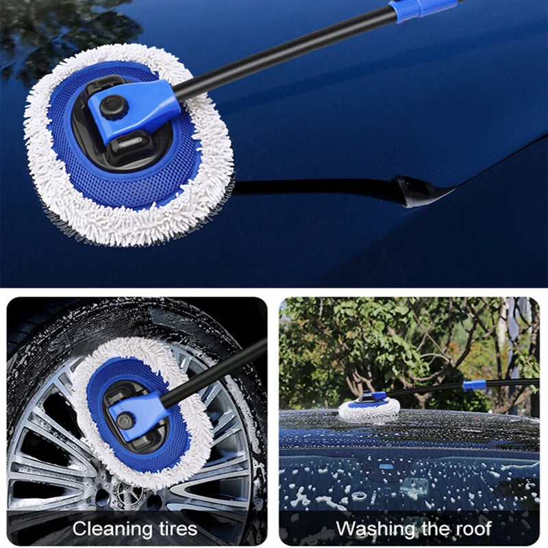 15° Curved Car Cleaning Brush Car Wash Brush Adjustable Four-section Telescopic Long Handle Mop Chenille Broom Detailing Washing