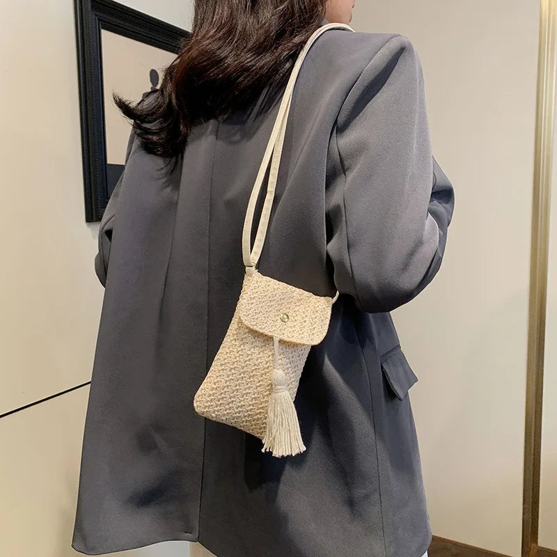 Summer New Straw Woven Phone Bag, Versatile Tassel Single-shoulder Small Bag, Crossbody Bag, Fashionable