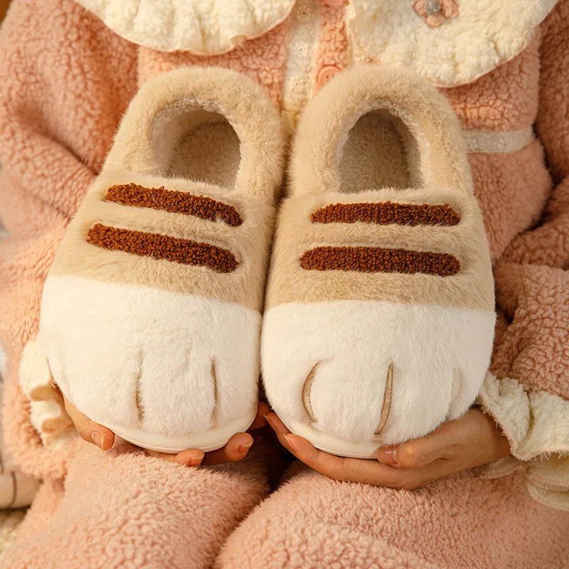 Winter Couple Cat Paw Slippers, Plush Fleece Lined Thick Thermal Home Shoes, Non-Slip Indoor/Outdoor Unisex Anti-Cold House Slid