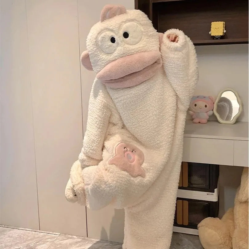 New Big Mouth Monster Cute Funny Onesie Pajamas Thickened Coral Fleece Homewear For Couples Men Women Autumn Cartoon Pajamas