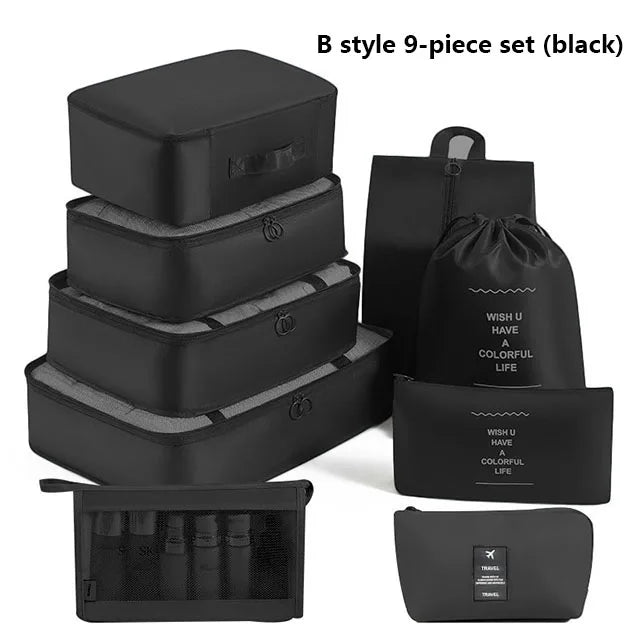 9Pcs Travel Packing Cubes Set Waterproof Luggage Organizer with Drawstring Pouches for Clothes Shoes Cosmetics Underwear - Suitc
