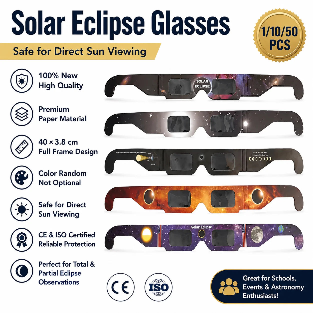 1/10/50Pcs Paper Solar Eclipse Glasses Safe for Direct Sun Viewing, CE & ISO Certified for Total & Partial Eclipse Observatios