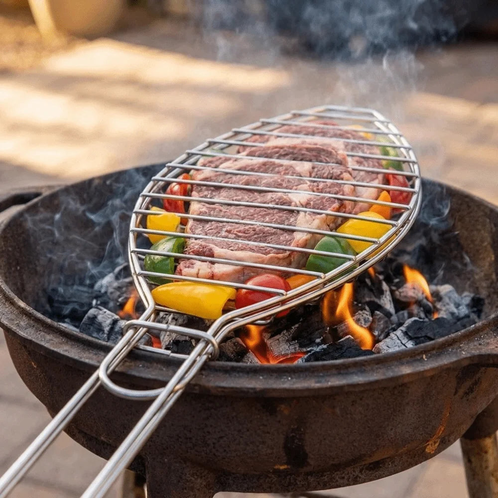 Versatile Fish-Shaped Iron Fish Grill Rack Wire Grid Long Handle Fish Grill Basket 42cm Easy Clean Grill Rack Outdoor Cooking