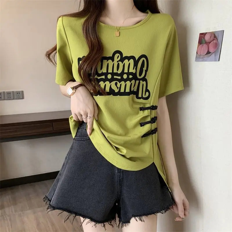 Summer large-size women's clothing is popular, waist and thin irregular buckle design printed short-sleeved T-shirt