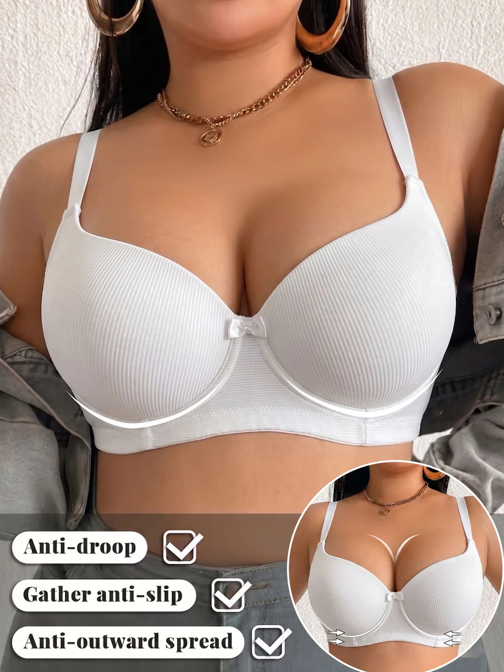Full Coverage Women Plus Size Bra Ribbed Underwire Push Up Bra Thin Cup Minimizer Solid Basic Skin-Friendly Comfortable Bra