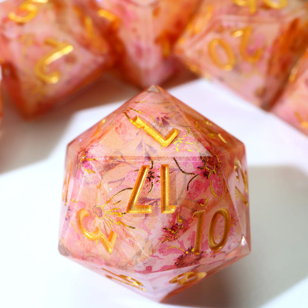 Enchanting DND Dice Set with Ocean Wave & Peach Blossom Designs-Perfect for Board Game,RPG & Tabletop Gaming Adventures-F2