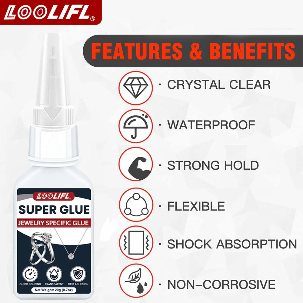 LOOLIFL 20g Jewelry Super Glue - Clear Strong Adhesive for Rings, Necklaces, Earrings & DIY Crafts, Quick Bonding Repair 1-5pcs