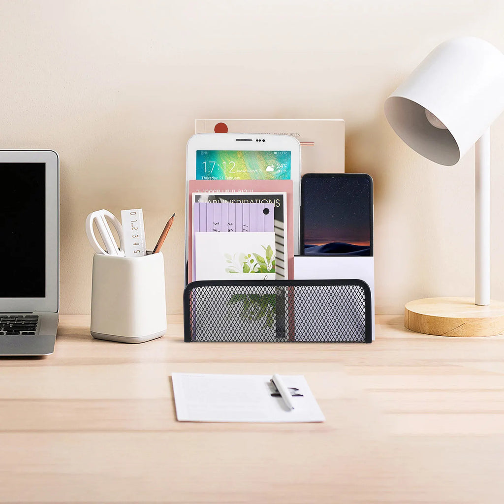 Three-Section Metal Mesh Desk File Holder Upright Document Organizer Desktop File Sorter Letter Brochure Magazine Storage Rack