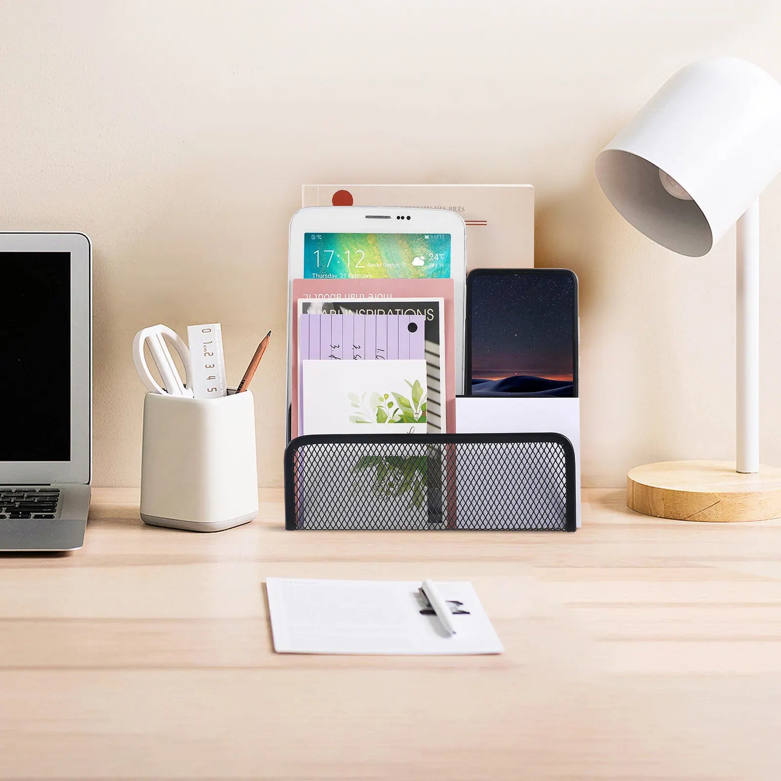 Three-Section Metal Mesh Desk File Holder Upright Document Organizer Desktop File Sorter Letter Brochure Magazine Storage Rack