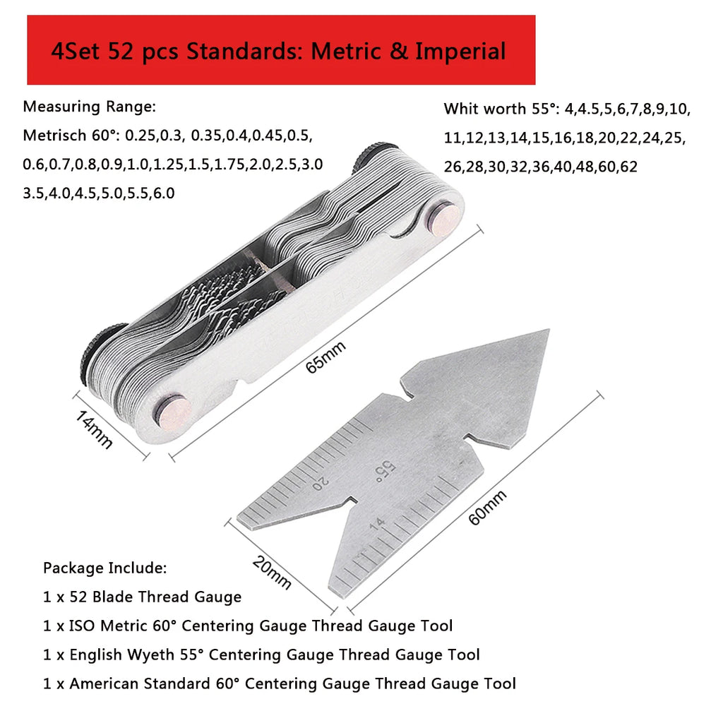 55-60 Degree Metric Inch US Thread Plug Gauge Carbon Steel Gear Tooth Screw Pitch Gauges Thread Pitch Measuring Tools