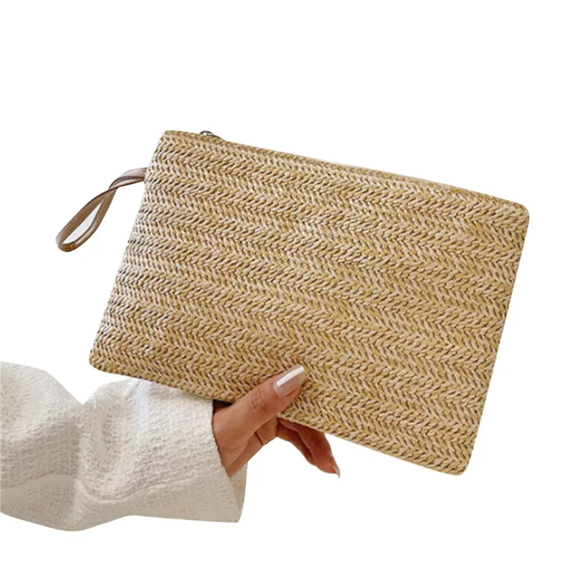 Clutch Bag for Women Handmade Backpack Fashion Ladies Wristlet Girl Phone Solid Straw Woven Coin Purse Beach Wallet Fresh Sweet