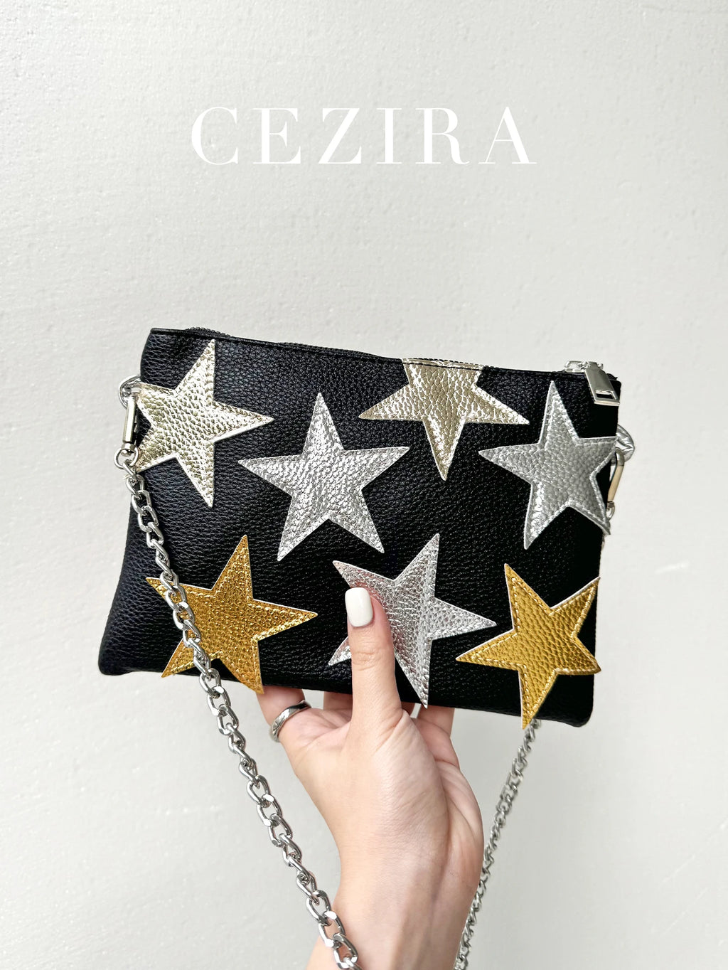 Luxury Chic Women Metallic PU Vegan Leather Square Clutch Stars Pattern Colorful Stripes Chain Shoulder Handbag Party Date Gift