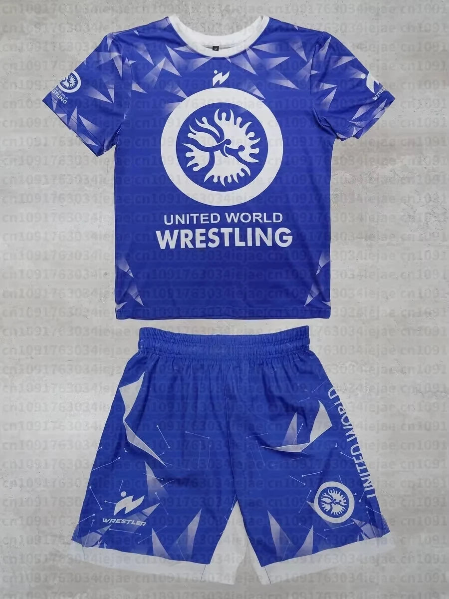 2026 New Summer Men Kid United World Wrestling Sportswear Set Short Sleeve T Shirt and Shorts for MMA Training Lightweight