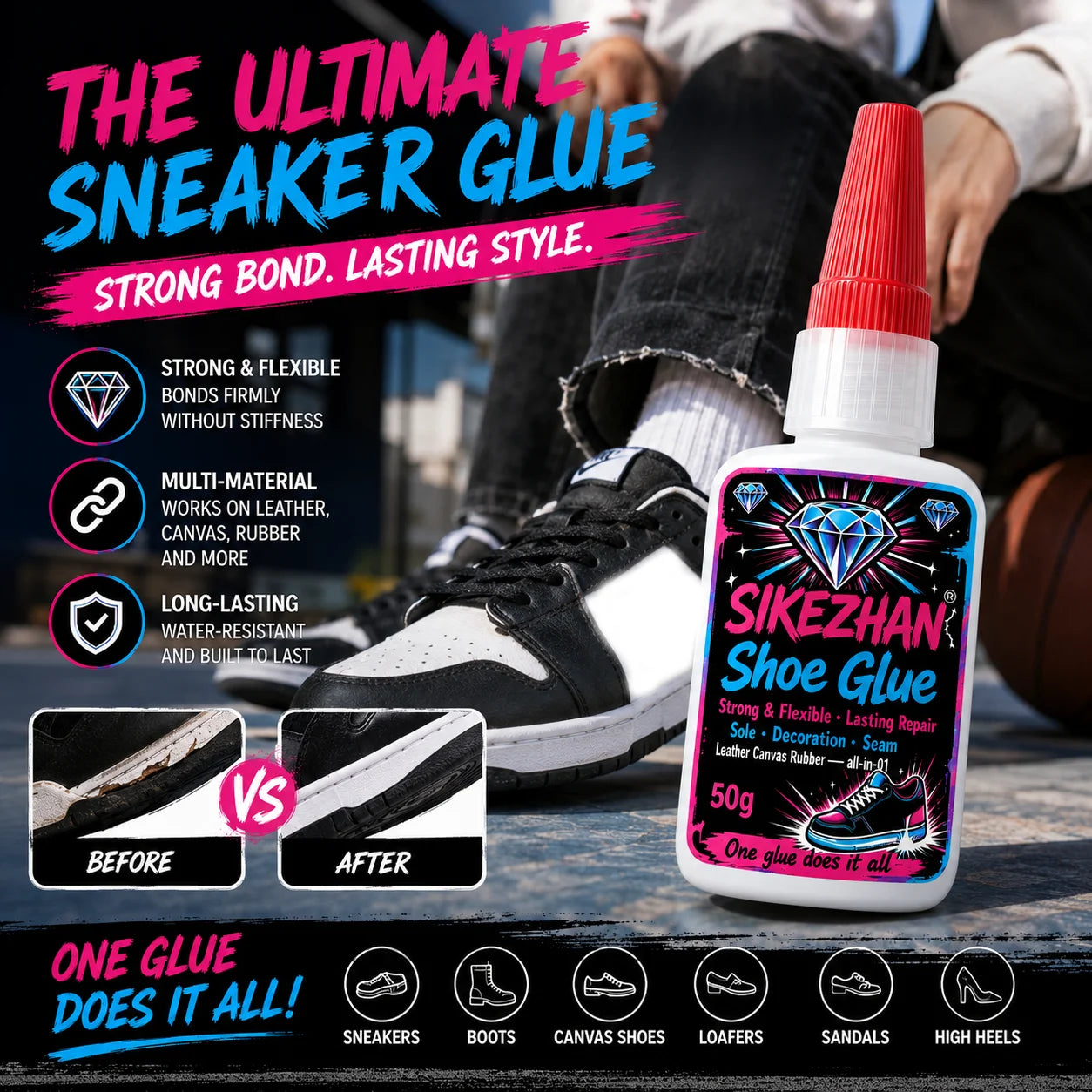 Instant Shoe Sole Repair Glue for Athletes, Waterproof Transparent Adhesive for Hiking Boots & Basketball Sneakers, 50g