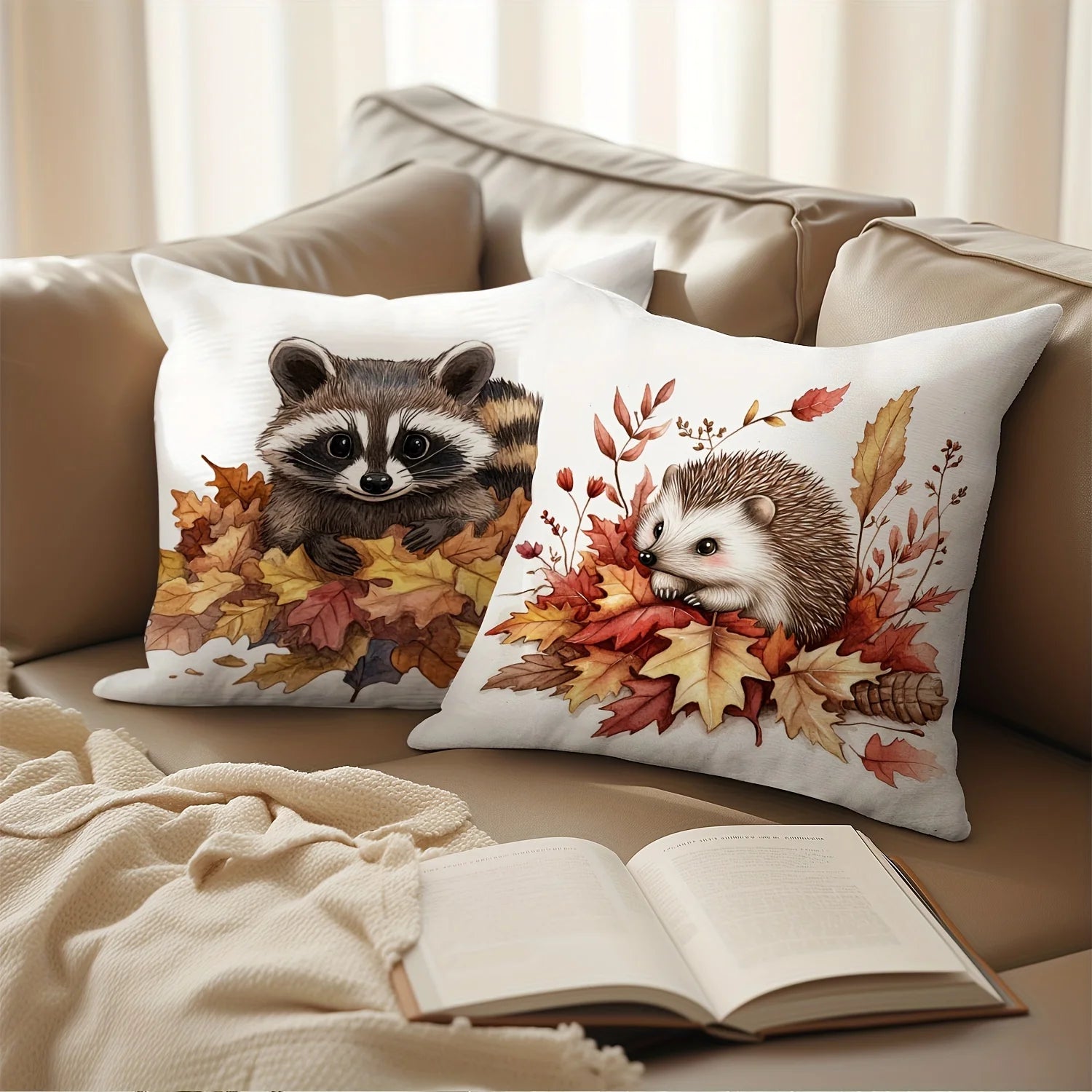 4pcs Pillow Covers, Featuring Squirrel, Hedgehog, Raccoon and Autumn Decor, Polyester Blend, Rustic Style for Home and Outdoor