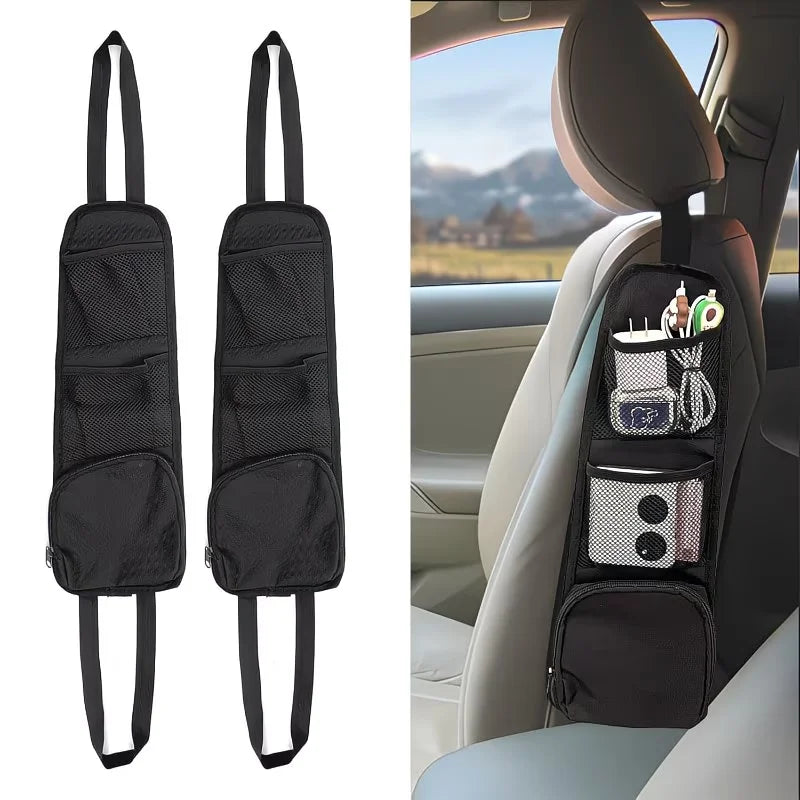Black car seat storage bag, multi-pocket space - fabric suspended rear seat accessory with grid pockets