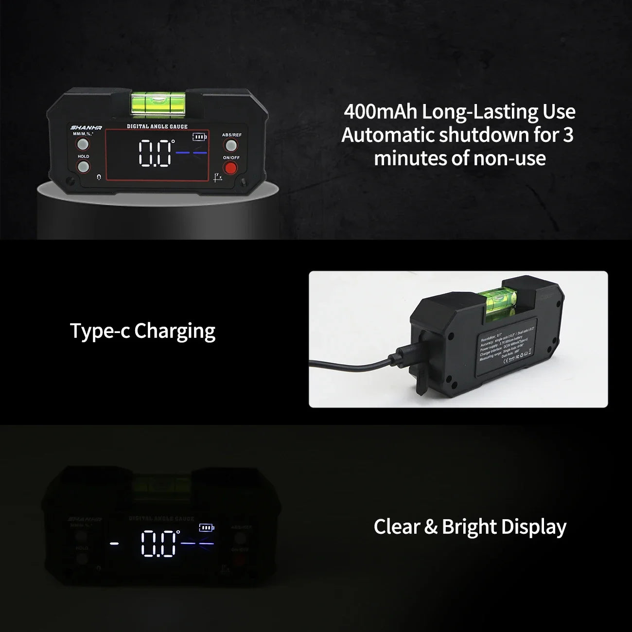 SHANHR Digital Angle Finder, Multi-Axis Protractor Tool with Backlit LCD, Digital Level with Bubble and Dual Axis Display