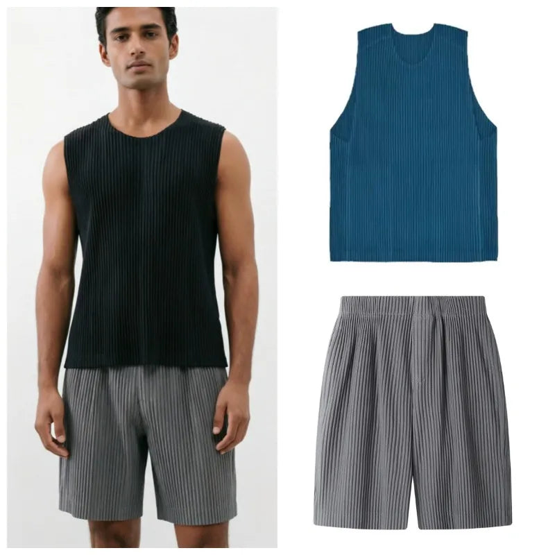 Miyake Pleated Shorts Set 2026 Summer New Sleeveless T-Shirt + Five-Point Pants Loose Versatile Youth Personality Simple Casual