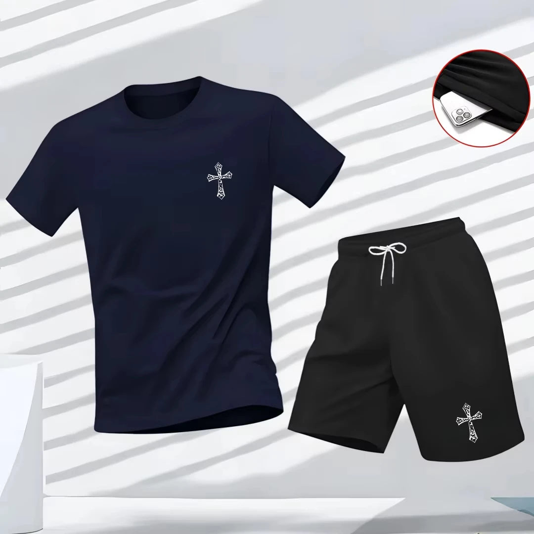 New high-quality men's summer T-shirt, Harajuku summer hip-hop men's fitness and sports round-neck top and shorts set, fashionab