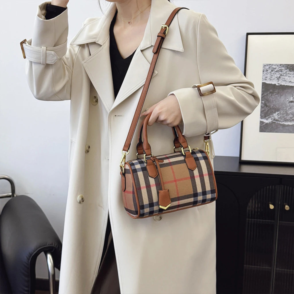 Women Luxury Plaid Shoulder Bag Gold Hardware Lightweight Large Capacity Zipper Adjustable Strap Dual Handles Travel Business