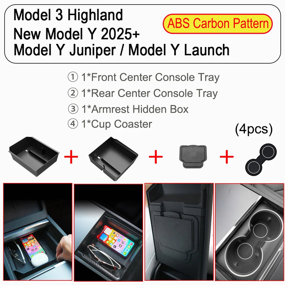 For Tesla New Model Y Juniper Launch 2025 Model 3 Highland Storage Box Organizer Center Console Trays Drawer Armrest Accessories