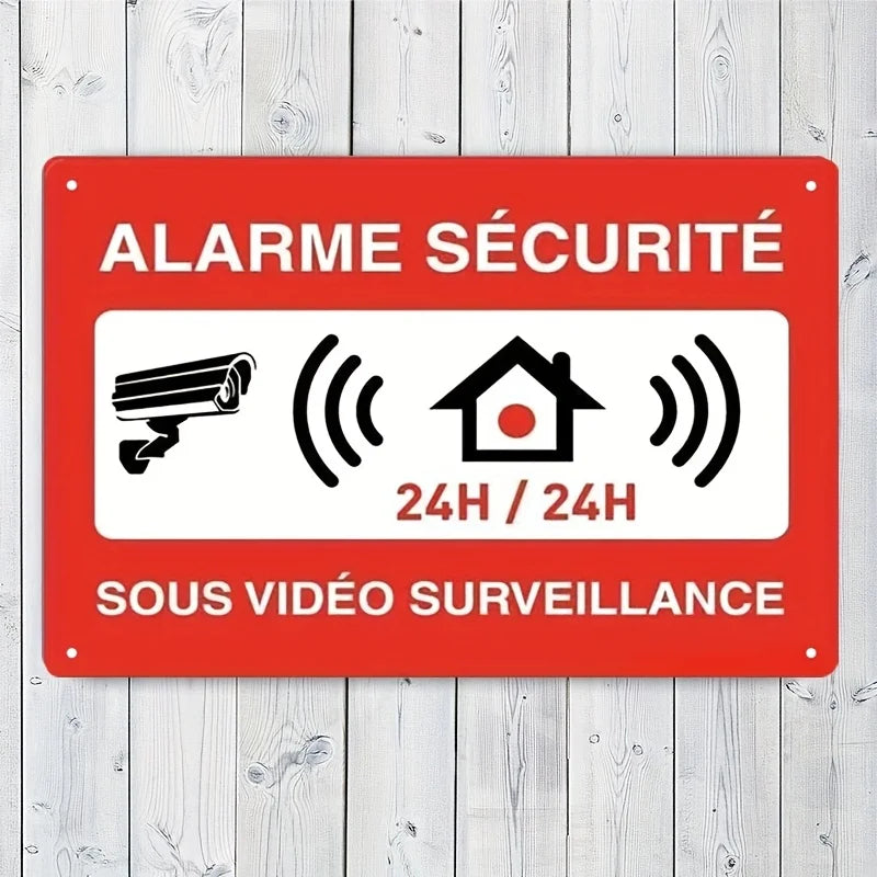 Vintage Metal Security Sign - 24H Surveillance & Alarm System Plaque with French Text,   Red & Design for Home,