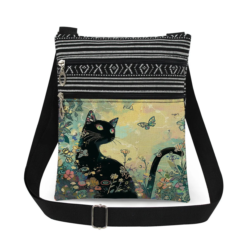 Cute Cartoon Black Cat Print Crossbody Bags Shoulder Bags For Women Daily Travel Portable Small Messenger Bags Catkeeper Gift