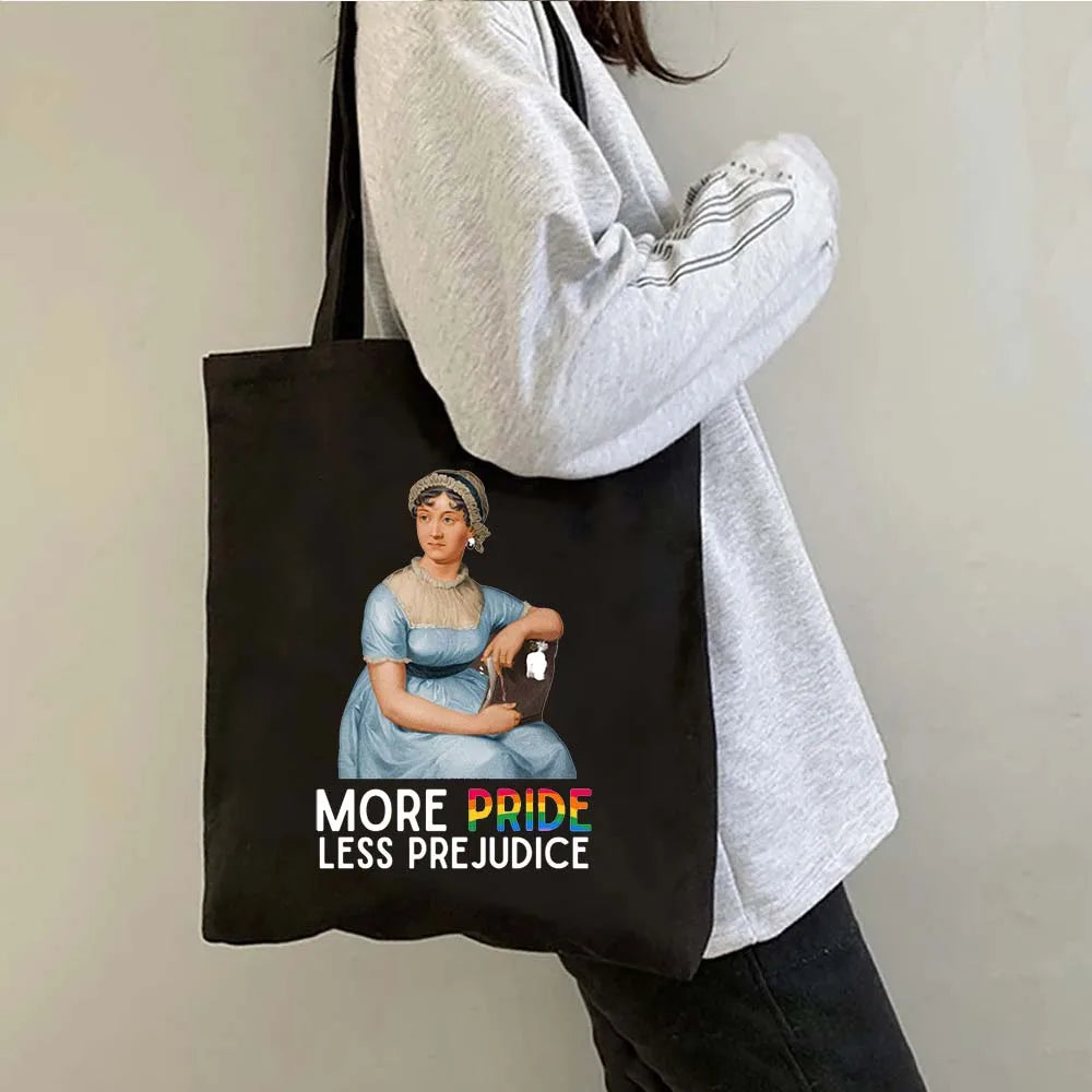 More Pride Less Prejudice Jane Austen Pride Prejudice Elizabeth Darcy Book Bennet Cartoon Shopper Canvas Tote Bag Cotton Handbag