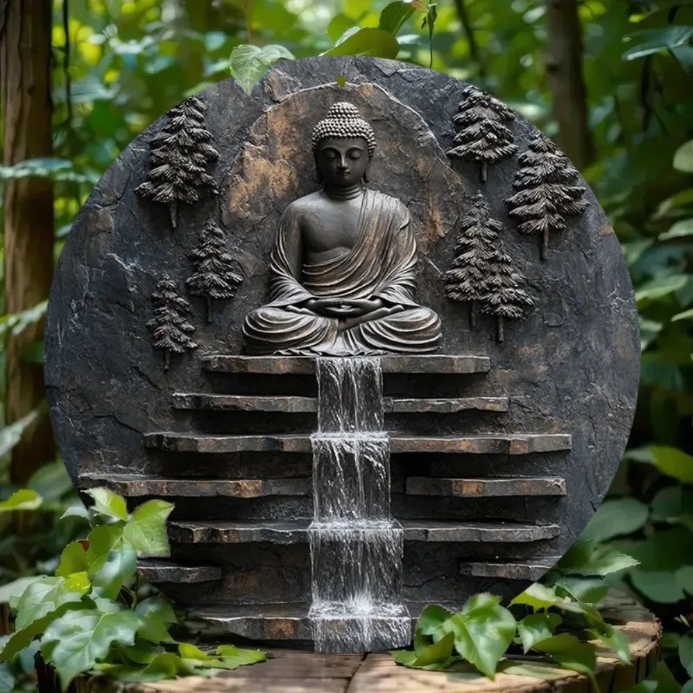 Vintage Metal Buddha Meditation Wall Art | Serene Monk & Waterfall Design | Outdoor Yard & Garden Zen Decor